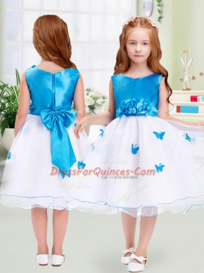 Designer Sleeveless Organza Knee Length Zipper Flower Girl Dresses for Less in White with Appliques and Bowknot