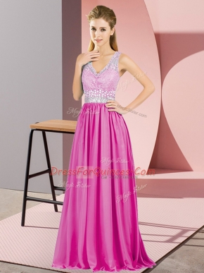 Decent Criss Cross Prom Party Dress Hot Pink for Prom and Party and Military Ball with Beading and Lace