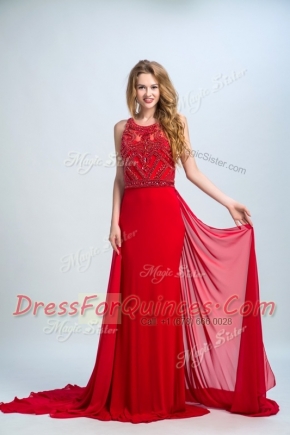 Vintage Scoop Sleeveless Chiffon Prom Dress Beading Court Train Side Zipper