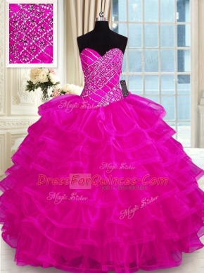 Dazzling Ruffled Floor Length Fuchsia Sweet 16 Quinceanera Dress Sweetheart Sleeveless Lace Up