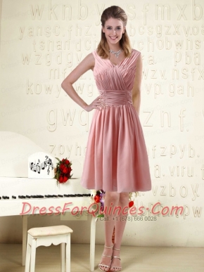 V Neck Empire Chiffon Ruching Dama Dresses for 2015