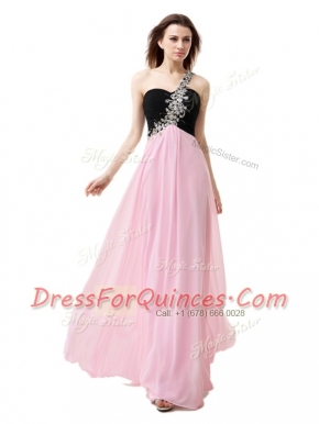 Affordable One Shoulder Sleeveless Dress for Prom Floor Length Beading and Appliques and Ruffles Pink And Black Chiffon