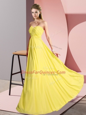 High Quality Yellow Lace Up Sweetheart Ruching Party Dress Chiffon Sleeveless