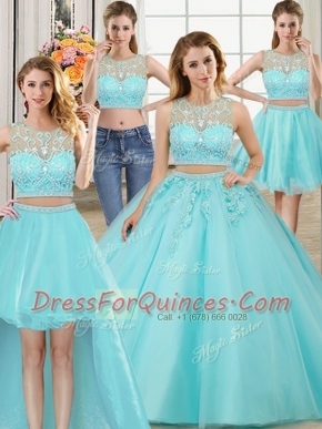 Charming Four Piece Ball Gowns 15th Birthday Dress Aqua Blue Scoop Tulle Sleeveless Floor Length Zipper