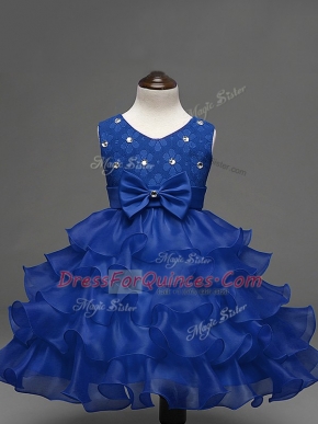 Royal Blue Flower Girl Dress Wedding Party with Lace and Ruffled Layers and Bowknot Scoop Sleeveless Zipper