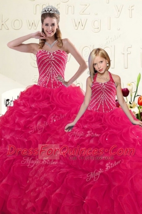 Sophisticated Hot Pink Vestidos de Quinceanera Military Ball and Sweet 16 and Quinceanera and For with Beading and Ruffles Sweetheart Sleeveless Lace Up