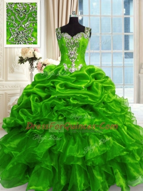 Green Organza Lace Up Ball Gown Prom Dress Sleeveless Floor Length Beading and Ruffles and Pick Ups