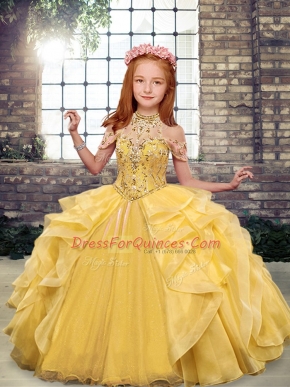 Fashionable Gold Scoop Neckline Beading and Ruffles Pageant Dress for Girls Sleeveless Lace Up