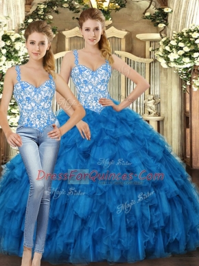 High Quality Floor Length Blue Quinceanera Gown Organza Sleeveless Beading and Ruffles