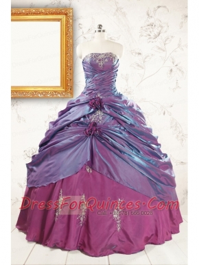 2015 Purple Strapless Quinceanera Dresses with Appliques and Hand Made Flowers