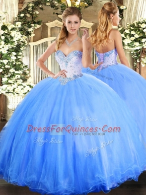 Decent Baby Blue Lace Up Sweetheart Beading Ball Gown Prom Dress Tulle Sleeveless