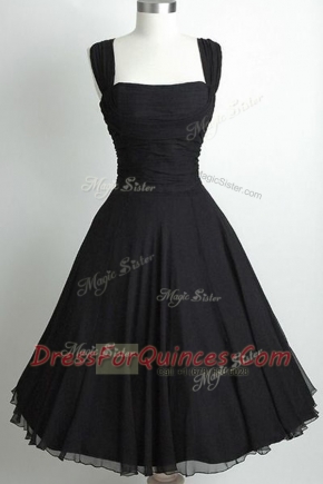 Graceful Black Chiffon Side Zipper Prom Party Dress Sleeveless Tea Length Ruching