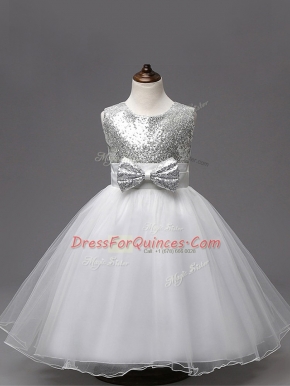 Tea Length Zipper Flower Girl Dresses for Less White for Wedding Party with Sequins and Bowknot