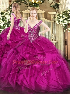 Ideal Fuchsia Ball Gowns V-neck Sleeveless Organza Floor Length Lace Up Beading and Ruffles Quinceanera Gowns