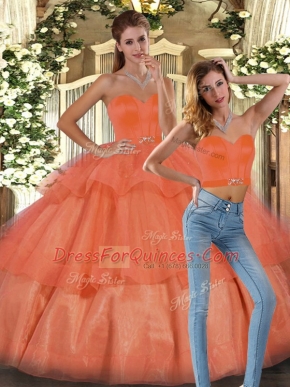Fabulous Organza Sweetheart Sleeveless Lace Up Ruffled Layers Quince Ball Gowns in Orange