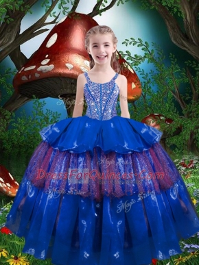 Great Blue Ball Gowns Beading and Ruffled Layers Kids Pageant Dress Lace Up Organza Sleeveless Floor Length