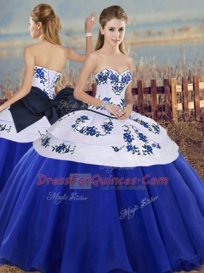 Floor Length Royal Blue Sweet 16 Dress Tulle Sleeveless Embroidery and Bowknot