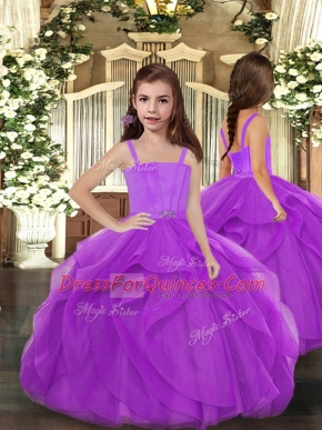 Elegant Purple Lace Up Pageant Gowns Ruffles Sleeveless Floor Length