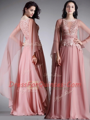 Scoop 3 4 Length Sleeve Zipper Floor Length Lace and Belt Prom Party Dress