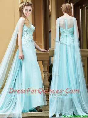 Simple Bateau Applique Watteau Train Prom Dresses in Light Blue