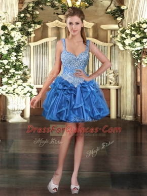 Traditional Blue Sleeveless Mini Length Beading and Ruffles Lace Up Prom Evening Gown