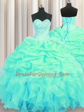 Traditional Pick Ups Ball Gowns 15 Quinceanera Dress Turquoise Sweetheart Organza Sleeveless Floor Length Lace Up