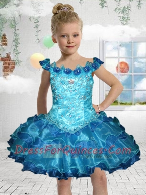 Exquisite Off the Shoulder Mini-length Blue Little Girl Dress with Beading