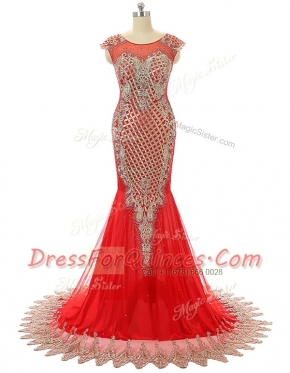 Adorable Red Zipper Scoop Beading and Lace Homecoming Dress Satin Sleeveless Brush Train