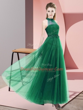 Dark Green Tulle Lace Up Dama Dress for Quinceanera Sleeveless Floor Length Beading and Appliques