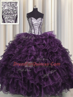 Luxurious Visible Boning Dark Purple Lace Up Vestidos de Quinceanera Ruffles and Sequins Sleeveless Floor Length