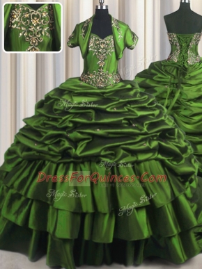 Glittering Green Ball Gown Prom Dress Military Ball and Sweet 16 and Quinceanera and For with Beading and Appliques and Pick Ups Sweetheart Sleeveless Brush Train Lace Up
