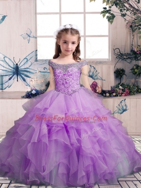 Charming Lilac Off The Shoulder Lace Up Beading and Ruffles Kids Formal Wear Sleeveless