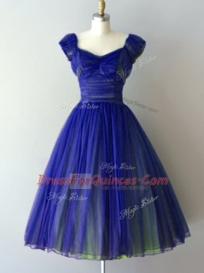 Royal Blue A-line Ruching Dama Dress for Quinceanera Lace Up Chiffon Cap Sleeves Knee Length