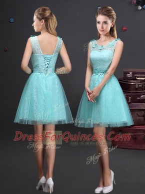 Artistic Tulle Scoop Sleeveless Lace Up Lace and Appliques and Belt Dama Dress for Quinceanera in Aqua Blue