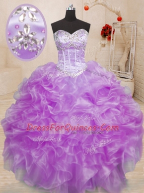 Flare Lilac Organza Lace Up Sweet 16 Quinceanera Dress Sleeveless Floor Length Beading and Ruffles