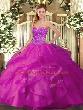 Colorful Ball Gowns 15th Birthday Dress Fuchsia Sweetheart Tulle Sleeveless Floor Length Lace Up