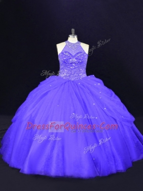 Purple Halter Top Lace Up Beading 15th Birthday Dress Sleeveless