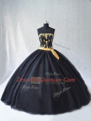 Edgy Black Strapless Neckline Appliques Quinceanera Gown Sleeveless Lace Up