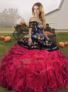 Ball Gowns Quince Ball Gowns Red And Black Off The Shoulder Organza Sleeveless Floor Length Lace Up