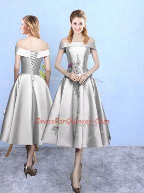 Extravagant Silver Taffeta Lace Up Off The Shoulder Sleeveless Tea Length Dama Dress Appliques