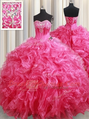 Sleeveless Brush Train Lace Up With Train Beading and Ruffles Ball Gown Prom Dress