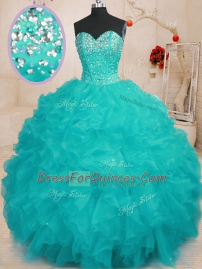 Sexy Aqua Blue Sweetheart Lace Up Beading and Ruffles Quinceanera Dress Sleeveless