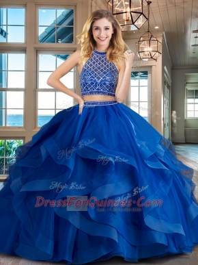 Pretty Halter Top Sleeveless Tulle 15th Birthday Dress Beading and Ruffles Brush Train Backless
