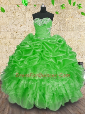 Green Lace Up Vestidos de Quinceanera Beading and Appliques and Ruffles and Ruching Sleeveless Floor Length