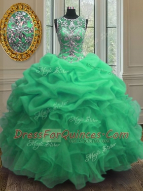 Green Ball Gowns Organza Scoop Sleeveless Beading and Ruffles Floor Length Lace Up Sweet 16 Quinceanera Dress