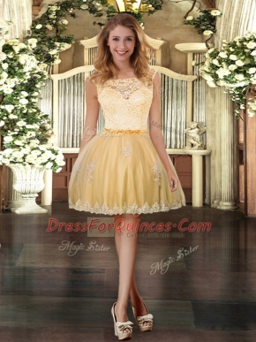 Super Mini Length Gold Prom Dresses Scoop Sleeveless Zipper