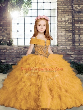 Floor Length Gold Girls Pageant Dresses Tulle Sleeveless Beading