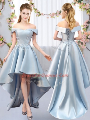 Light Blue Sleeveless High Low Appliques Lace Up Court Dresses for Sweet 16