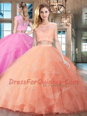 With Train Peach 15 Quinceanera Dress Scoop Cap Sleeves Brush Train Zipper