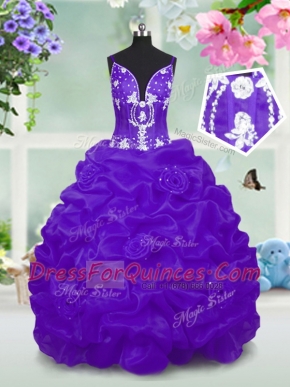 Taffeta V-neck Sleeveless Lace Up Beading and Pick Ups Flower Girl Dresses in Purple